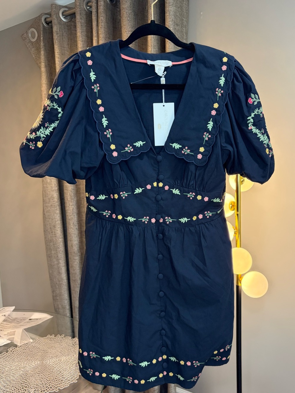 Caroline Constas Navy Embroidered Puff-Sleeve Mini Dress